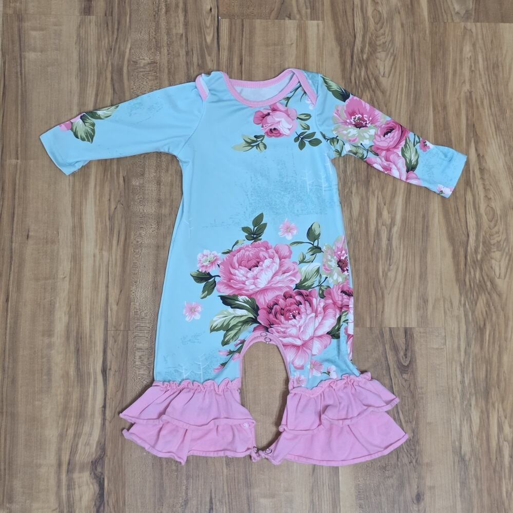 Baby Girl Blue Pink Floral Romper Long Sleeve Ruffle Bell Bottom One Piece